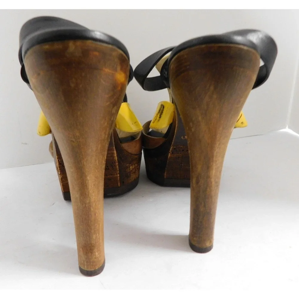 JIMMY CHOO Samos Yellow Patent Brown Leather Wood Platform Sandals sz 37
